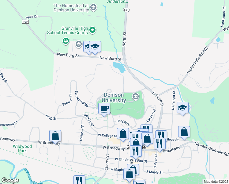 map of restaurants, bars, coffee shops, grocery stores, and more near 100 West College Street in Granville