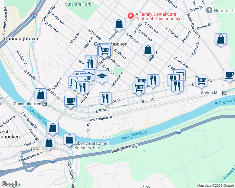 map of restaurants, bars, coffee shops, grocery stores, and more near 345 Spring Mill Avenue in Conshohocken