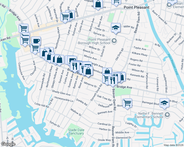 map of restaurants, bars, coffee shops, grocery stores, and more near 1226 Wooddale Avenue in Point Pleasant