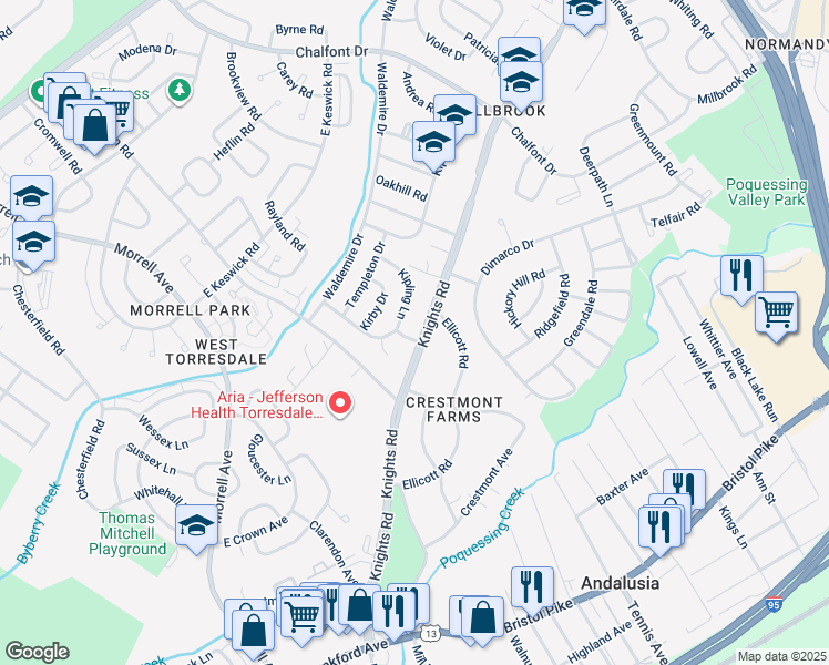 map of restaurants, bars, coffee shops, grocery stores, and more near 10900 Knights Road in Philadelphia