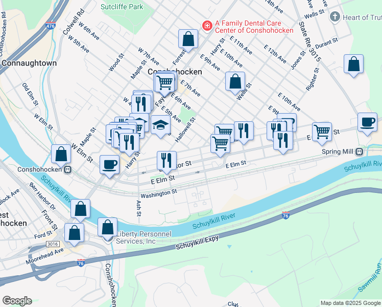 map of restaurants, bars, coffee shops, grocery stores, and more near 357 Spring Mill Avenue in Conshohocken