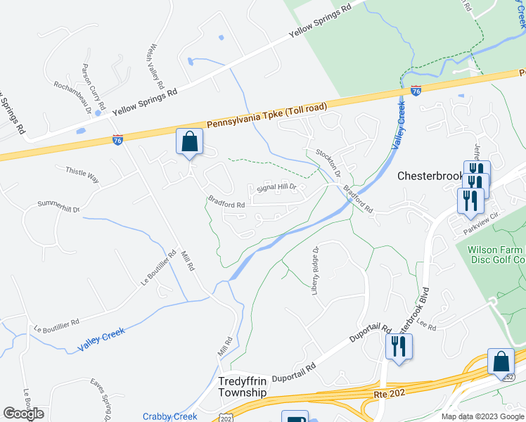 map of restaurants, bars, coffee shops, grocery stores, and more near 44 Woodstream Drive in Chesterbrook