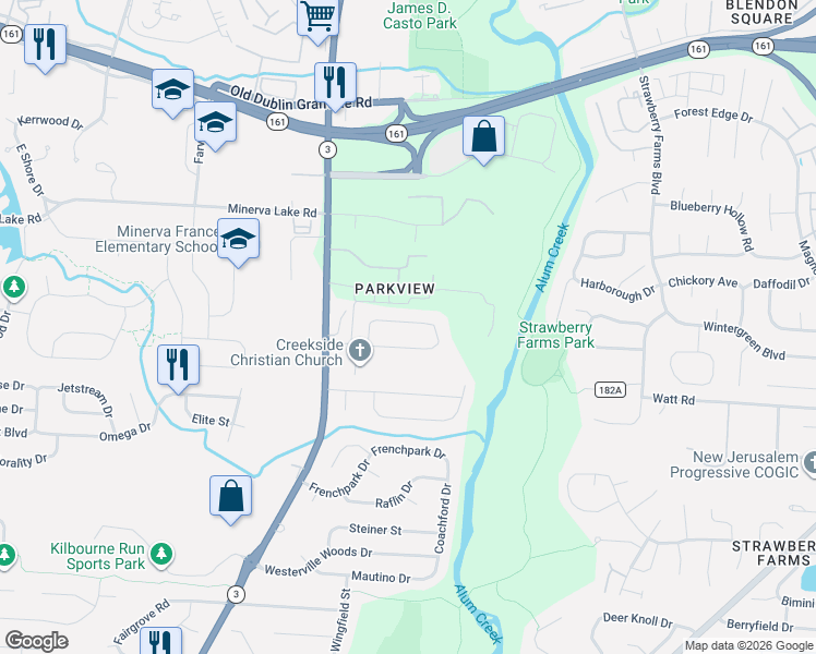 map of restaurants, bars, coffee shops, grocery stores, and more near 3471 Blendon Bend Way in Columbus