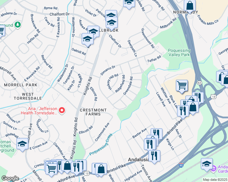 map of restaurants, bars, coffee shops, grocery stores, and more near 110 Ridgefield Road in Philadelphia
