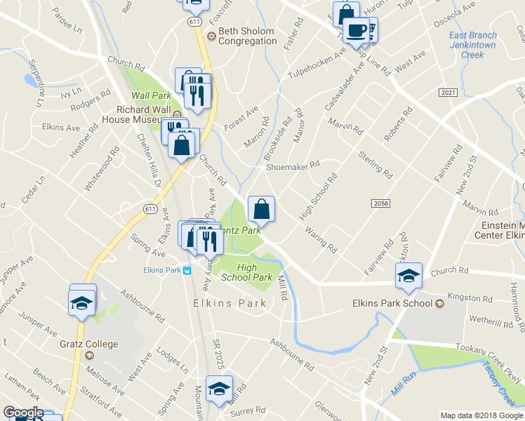 map of restaurants, bars, coffee shops, grocery stores, and more near 8110 Cadwalader Avenue in Elkins Park