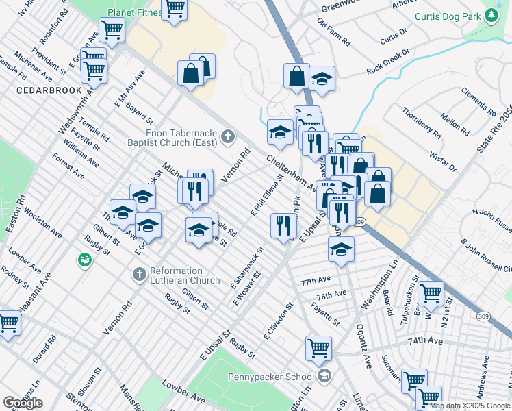 map of restaurants, bars, coffee shops, grocery stores, and more near 7909 Provident Road in Philadelphia