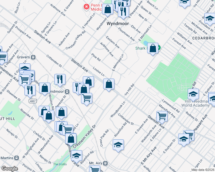 map of restaurants, bars, coffee shops, grocery stores, and more near 498 East Mermaid Lane in Glenside