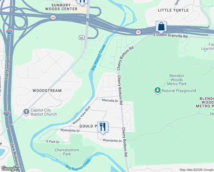 map of restaurants, bars, coffee shops, grocery stores, and more near 4696 White Flower Lane South in Gahanna