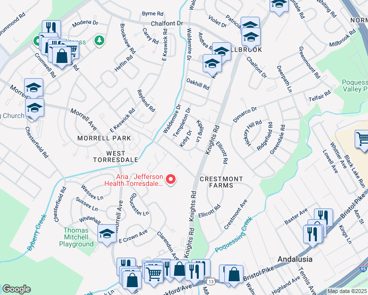map of restaurants, bars, coffee shops, grocery stores, and more near 10901 Kirby Drive in Philadelphia