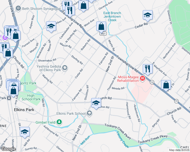 map of restaurants, bars, coffee shops, grocery stores, and more near 8240 Fairview Road in Elkins Park