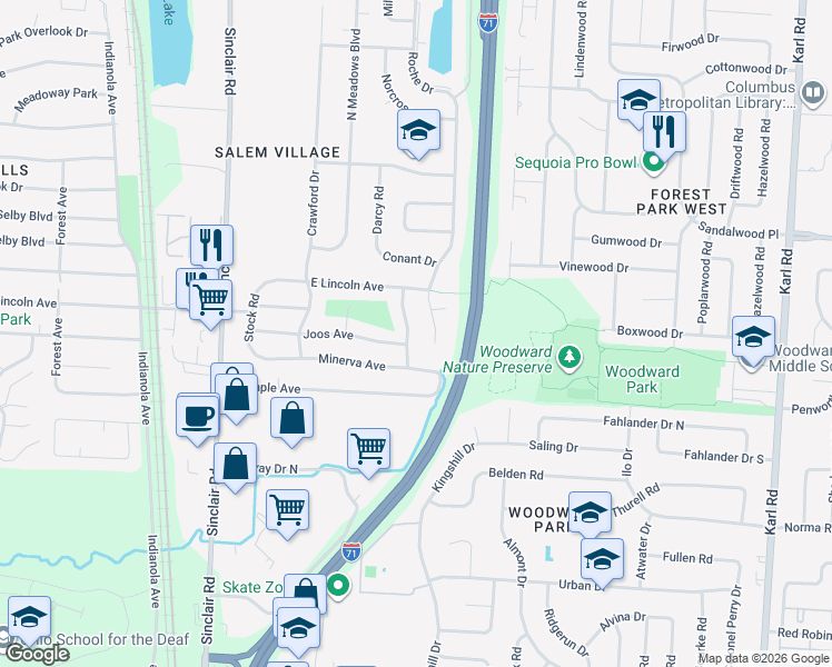 map of restaurants, bars, coffee shops, grocery stores, and more near 5286 Eisenhower Rd in Columbus
