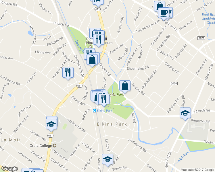 map of restaurants, bars, coffee shops, grocery stores, and more near 7933 Park Ave in Elkins Park