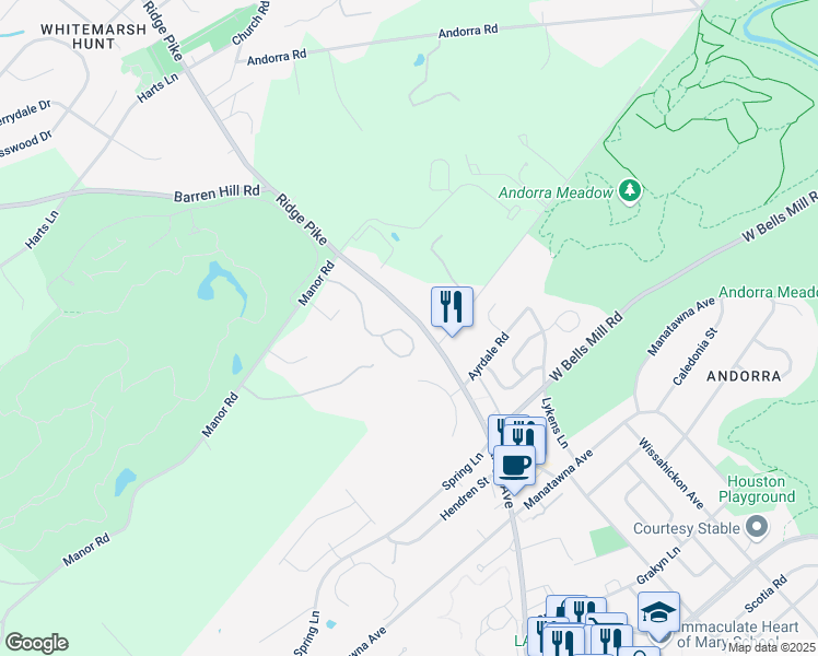 map of restaurants, bars, coffee shops, grocery stores, and more near 9205 Eagle View Drive in Lafayette Hill