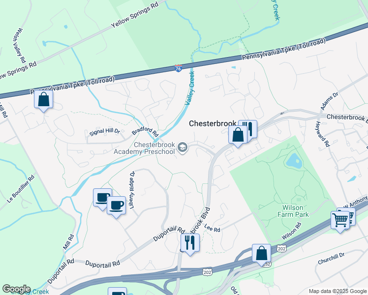 map of restaurants, bars, coffee shops, grocery stores, and more near 102 Cavalry Court in Chesterbrook