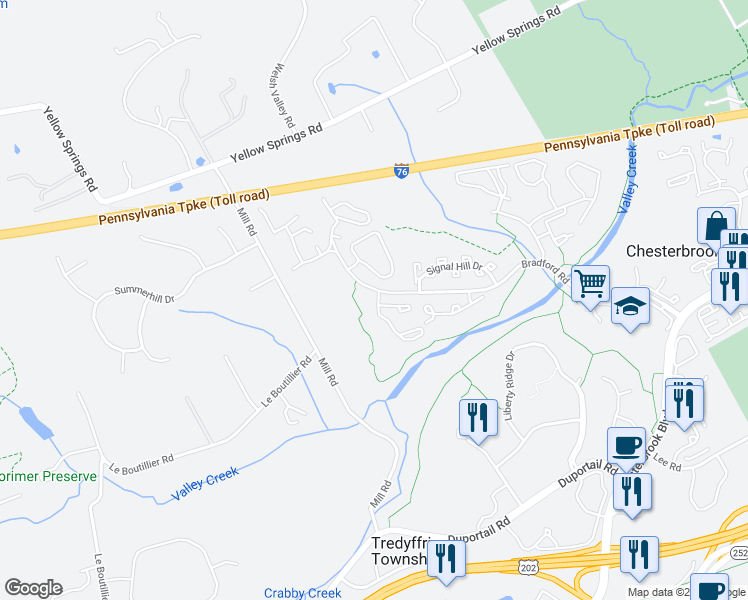 map of restaurants, bars, coffee shops, grocery stores, and more near 2 Newport Drive in Chesterbrook