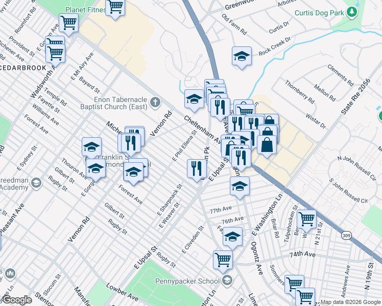map of restaurants, bars, coffee shops, grocery stores, and more near 7831 Bayard Street in Philadelphia