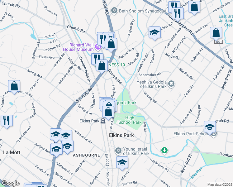 map of restaurants, bars, coffee shops, grocery stores, and more near 7933 Park Avenue in Elkins Park