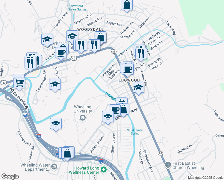 map of restaurants, bars, coffee shops, grocery stores, and more near 17 Haddale Avenue in Wheeling