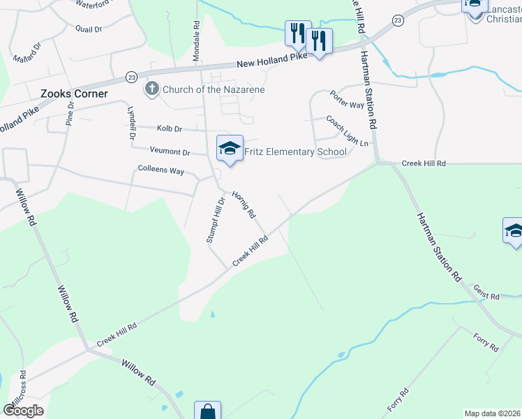 map of restaurants, bars, coffee shops, grocery stores, and more near 821 Hornig Rd in Lancaster