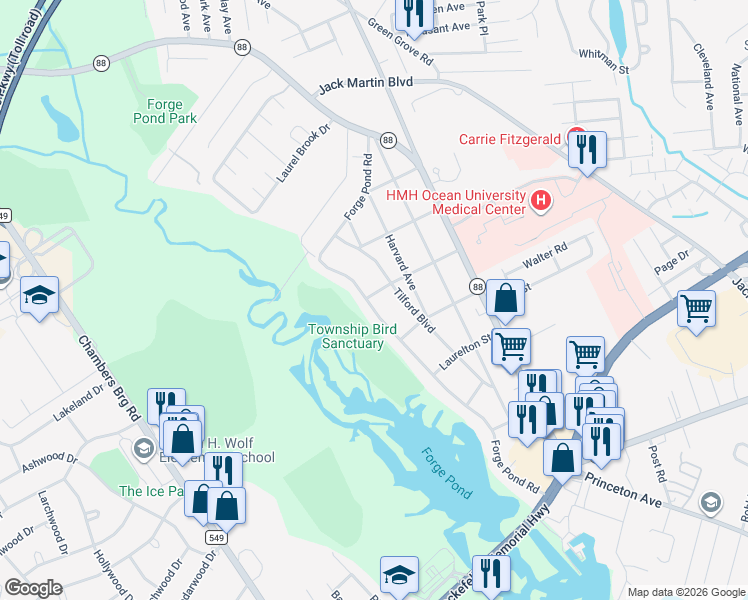 map of restaurants, bars, coffee shops, grocery stores, and more near 1646 Forge Pond Road in Brick Township