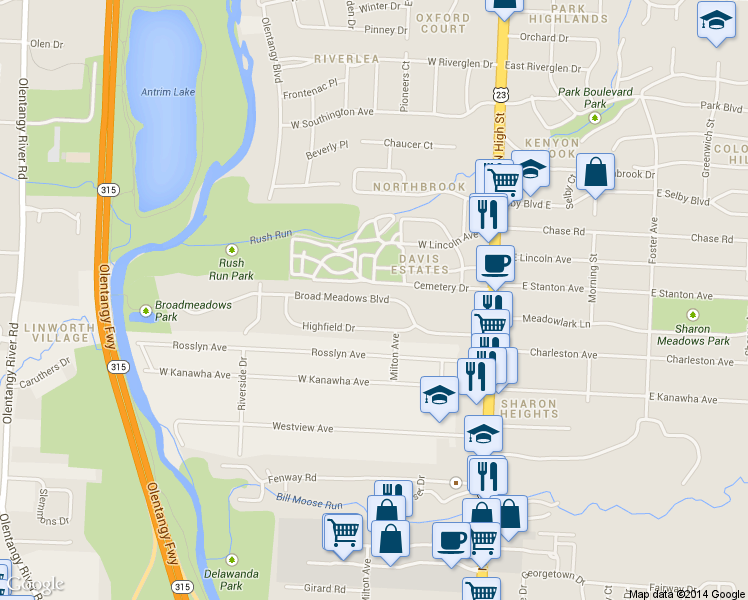 map of restaurants, bars, coffee shops, grocery stores, and more near 159 Broad Meadows Boulevard in Columbus