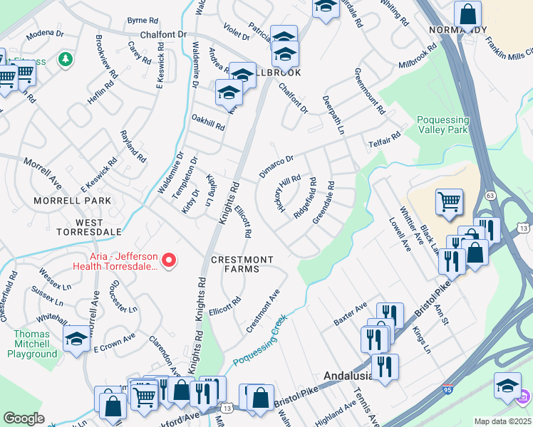 map of restaurants, bars, coffee shops, grocery stores, and more near 177 Dimarco Drive in Philadelphia