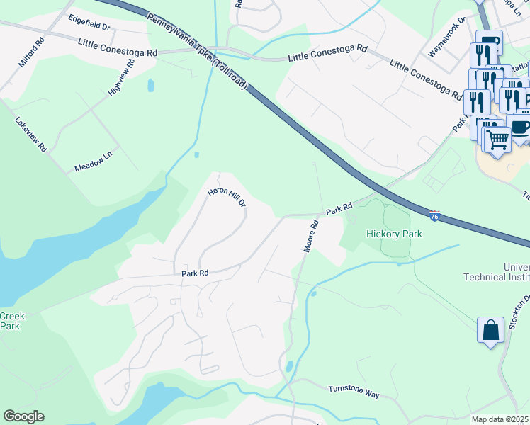 map of restaurants, bars, coffee shops, grocery stores, and more near 18 Heron Hill Drive in Downingtown
