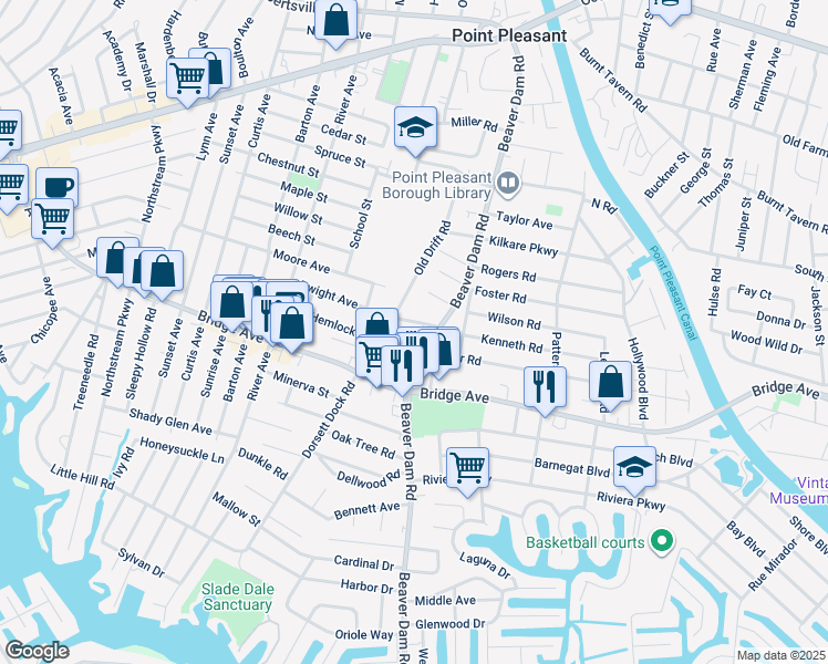 map of restaurants, bars, coffee shops, grocery stores, and more near 1201 Beaver Dam Road in Point Pleasant