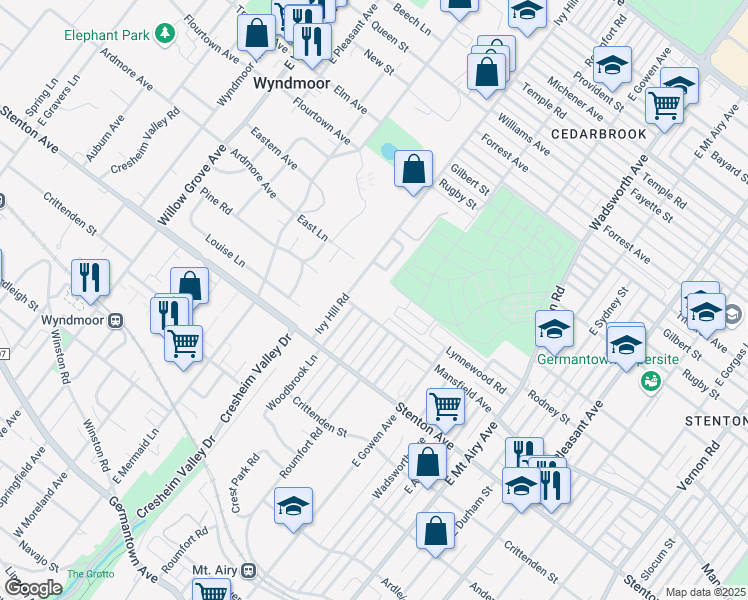 map of restaurants, bars, coffee shops, grocery stores, and more near 8625 Mansfield Avenue in Philadelphia