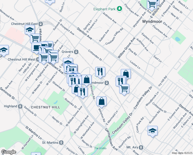 map of restaurants, bars, coffee shops, grocery stores, and more near 219 East Willow Grove Avenue in Philadelphia