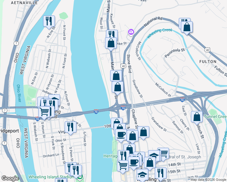 map of restaurants, bars, coffee shops, grocery stores, and more near 741 Main Street in Wheeling