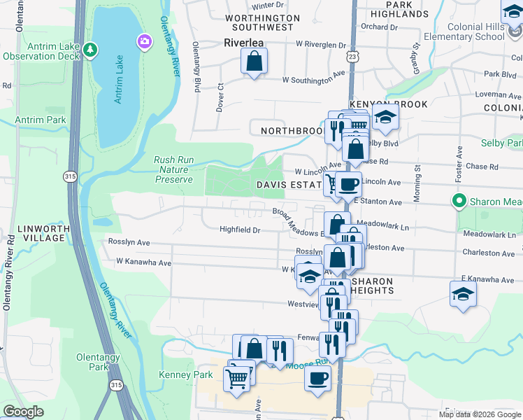 map of restaurants, bars, coffee shops, grocery stores, and more near 159 Broad Meadows Boulevard in Columbus