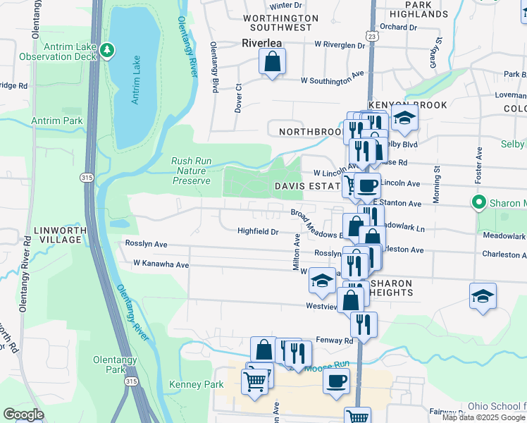 map of restaurants, bars, coffee shops, grocery stores, and more near 215 Broad Meadows Boulevard in Columbus