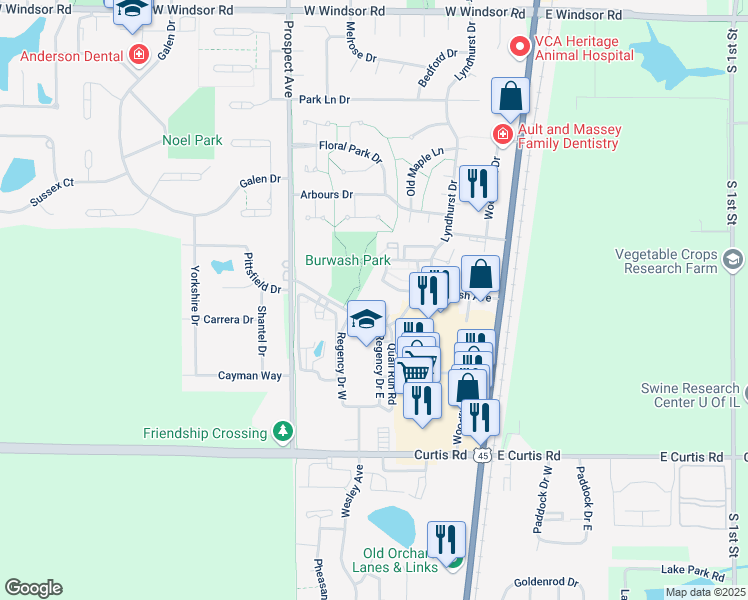map of restaurants, bars, coffee shops, grocery stores, and more near 302 Burwash Avenue in Savoy