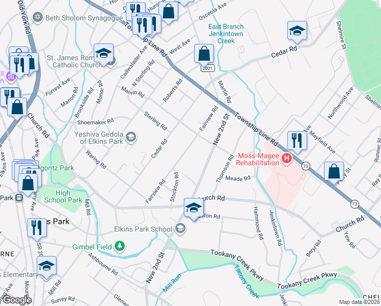 map of restaurants, bars, coffee shops, grocery stores, and more near 8240 Fairview Road in Elkins Park