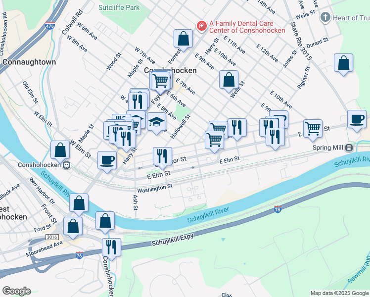 map of restaurants, bars, coffee shops, grocery stores, and more near 355 Spring Mill Avenue in Conshohocken