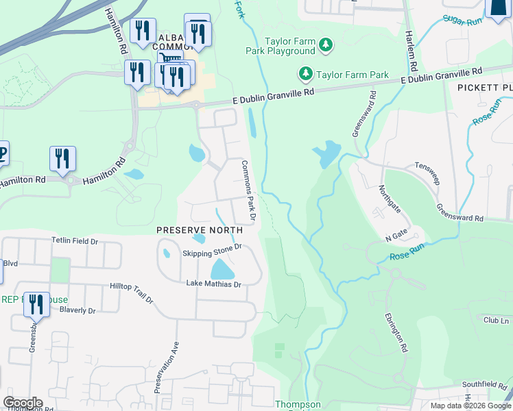 map of restaurants, bars, coffee shops, grocery stores, and more near 4553 Commons Park Drive in New Albany