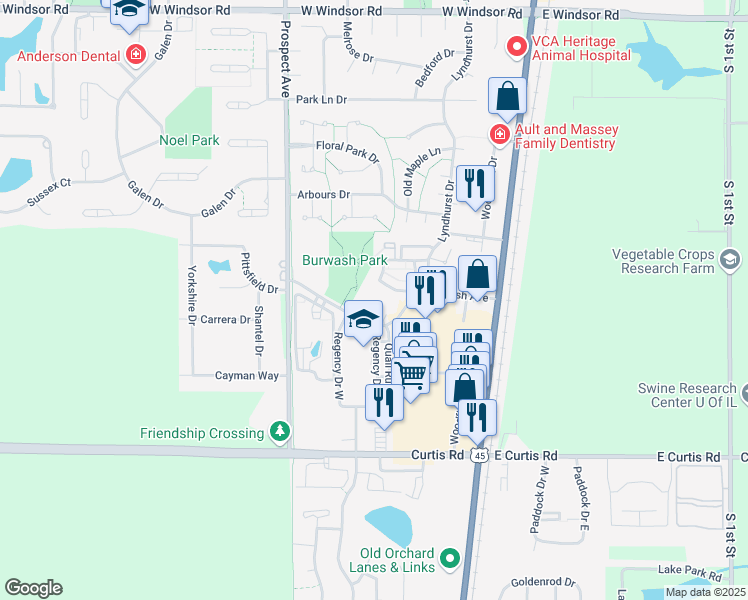 map of restaurants, bars, coffee shops, grocery stores, and more near 302 Burwash Avenue in Savoy