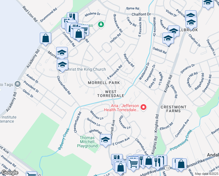map of restaurants, bars, coffee shops, grocery stores, and more near 3415 Morrell Avenue in Philadelphia