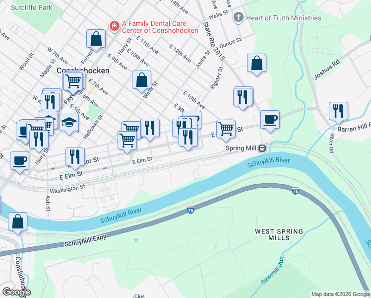 map of restaurants, bars, coffee shops, grocery stores, and more near 730 East Elm Street in Conshohocken