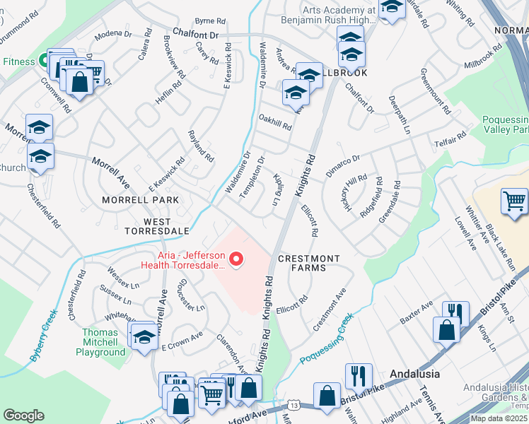 map of restaurants, bars, coffee shops, grocery stores, and more near 10906 Kipling Lane in Philadelphia