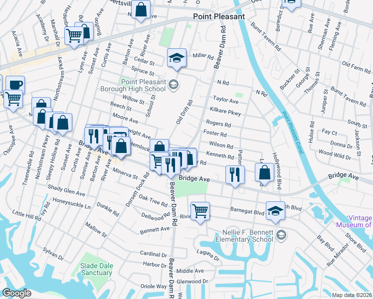 map of restaurants, bars, coffee shops, grocery stores, and more near 1201 Beaver Dam Road in Point Pleasant