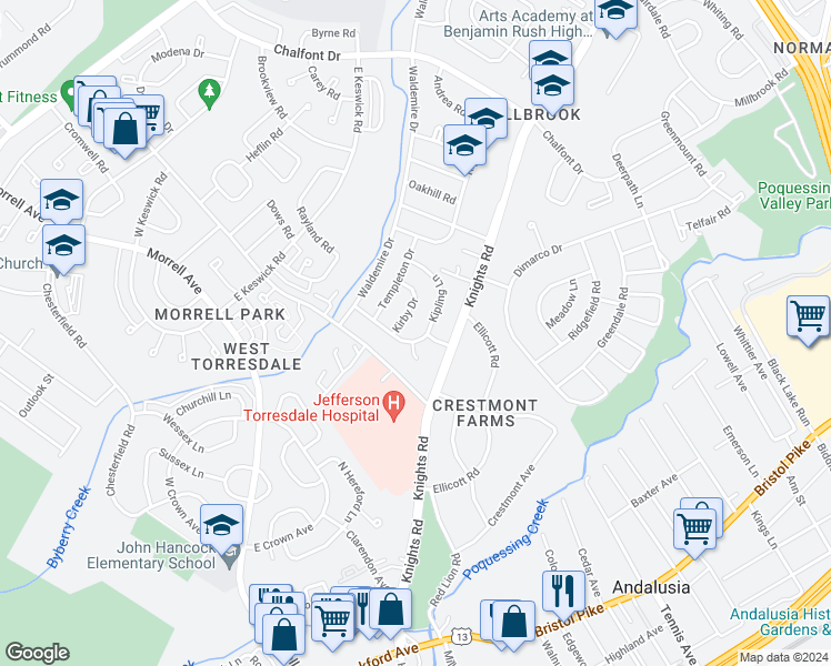 map of restaurants, bars, coffee shops, grocery stores, and more near 10906 Kipling Lane in Philadelphia