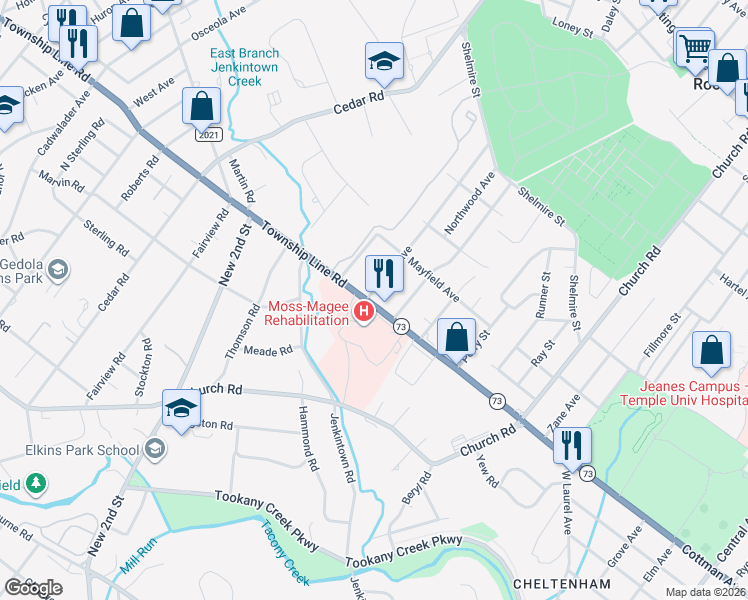 map of restaurants, bars, coffee shops, grocery stores, and more near 423 Township Line Road in Elkins Park