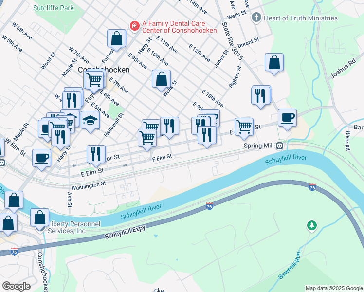 map of restaurants, bars, coffee shops, grocery stores, and more near 627 East Hector Street in Conshohocken