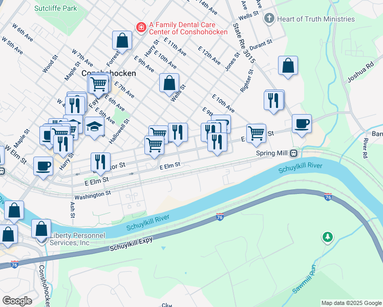 map of restaurants, bars, coffee shops, grocery stores, and more near 629 East Hector Street in Conshohocken