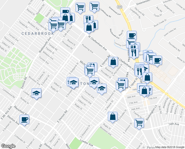 map of restaurants, bars, coffee shops, grocery stores, and more near 1457 East Vernon Road in Philadelphia