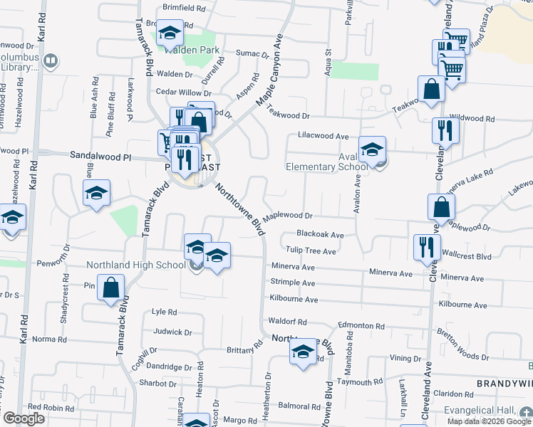 map of restaurants, bars, coffee shops, grocery stores, and more near 2094 Maplewood Drive in Columbus