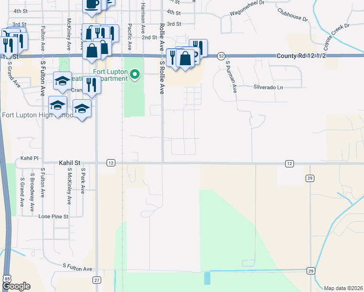 map of restaurants, bars, coffee shops, grocery stores, and more near 513 Bonneville Avenue in Fort Lupton