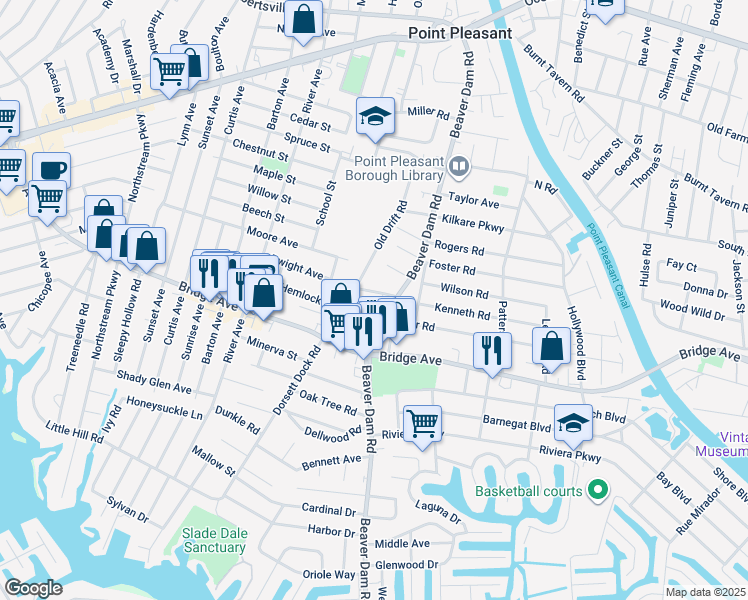 map of restaurants, bars, coffee shops, grocery stores, and more near 2308 Dorset Dock Road in Point Pleasant Beach